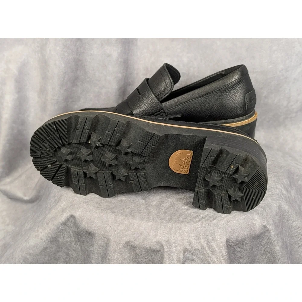 Sorel‎ Brex Heel Penny Loafer Black Leather Lug Sole Shoes NL5126-011 Mens 9.5